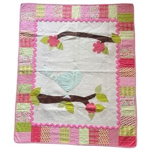 Handmade Quilted Baby Blanket Bird Floral Applique Strawberry Patchwork